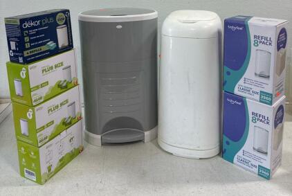 DELON Diaper Pail plus, (4) Diaper Pail Plus Refill packs. (2) babyfeel classic size Diaper Pail REFILL (8pack), PlayTeX baby Diaper Genie Expressions