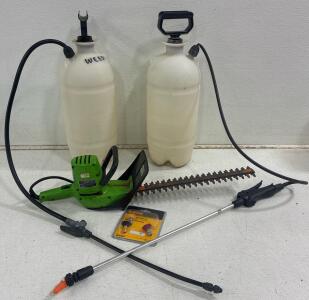 Vintage Sears Bushwacker 16-inch electric hedge trimmer, model 315.815611 ( Tested/ works) (2)Plastic Sprayer Tank with sprayer hose ,(3) Dewalt pressure washer spray Tips