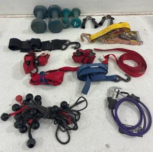 (2)DANSKIN (8lb) Bar bells, WEIDER (3lb) bar bells, (7) Tow Straps, Large assortment of Bungee cords.