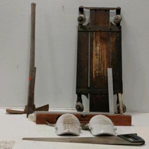 Vintage Industrial Hand Tool Lot w/ Dolly Cart, Pickaxe, Level, File, Hacksaw, Kneepads