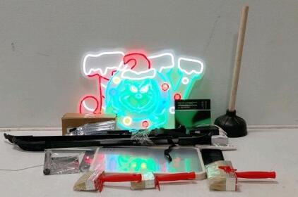 Mixed Household Lot &ndash; iPhone 13/15 Pro Case, Grinch Neon Sign, Plunger, Paint Brushes, Steel Board
