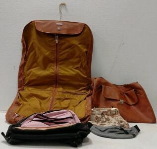 Vintage Brown Leather Garment & Travel Bag Set with Tapestry Purse