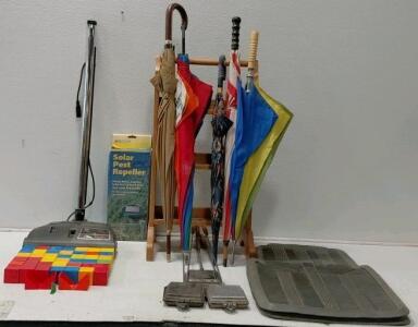 Mixed Household Essentials Lot: Umbrellas, Floor Mats, Solar Pest Repeller, Kitchen Tools, Toys
