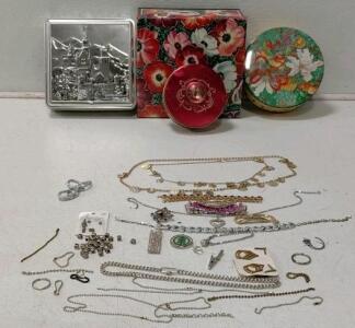 Vintage Costume Jewelry Lot &ndash; Bracelets, Necklaces, Earrings, Brooches, with Decorative Tins