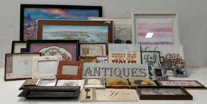 Assorted Lot of 24+ Picture Frames, Wall Art & Decor Signs, Mixed Sizes & Styles, Wood & Metal