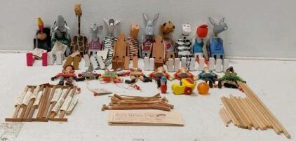 Vintage Wooden Articulated and Wood Puppet Toys Lot &ndash; 12+ Animal Figures, 8 Marionettes, Assorted Accessories