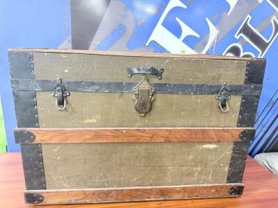 Antique Flat Top Steamer Trunk &ndash; Hardwood Slats, Canvas Body, Black Iron Trim, c.1880-1920