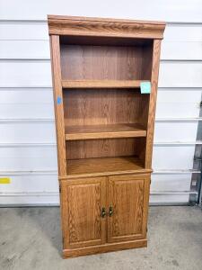 Oak Bookcase with Lower Cabinet, 72"x32"x13", 3 Shelves, Solid Panel Doors, Classic Style