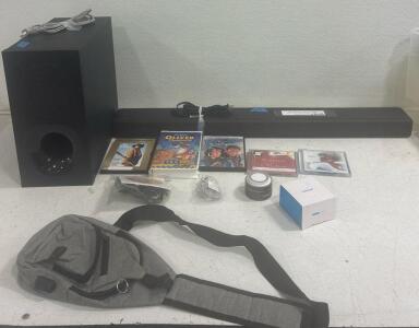 Sony SA-G700 Wireless Soundbar w/ Subwoofer( could not test, missing cables), LENRUE Wireless speaker( tested), USB 2.0 Linking Cable and Software, and much more!