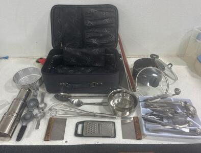 Verdi Rolling Travel Suitcase (21.5inLx14inWx7.5inH), Kitchen Serving Utensils assorted sizes, (2) metal juicer, Large whisk, small serving tongs, and much more.