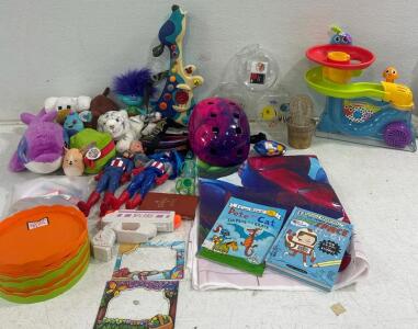 Children&rsquo;s toys (2) captain america figure,Marvel wall hanger, 10 cake plates l, assorted stuffed animals, Schwinn child&rsquo;s bike helmet, and much more.