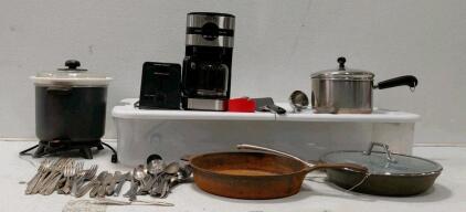 Krups Coffee Maker, Crockpot, Pans, Toaster, Silverware Lot &ndash; Stainless, Assorted Types (All Electronics Turn On)