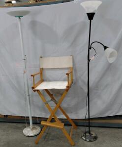 Director&rsquo;s Chair (Wood/Canvas) + 2 Floor Torchiere Lamps (White & Black, Turns On)