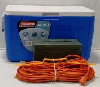 Coleman 48 Qt Cooler, Military Ammo Can & Orange Extension Cord Bundle (Turns On)