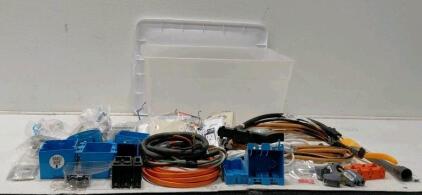 Mixed Electrical Supplies Lot: Extension Cords, Mechanical Timer, Blue Boxes, Connectors & Hardware
