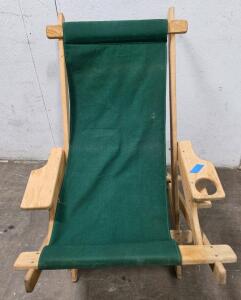 Folding Wooden Sling Beach/Deck Chair with Green Canvas, Armrests & Cup Holder