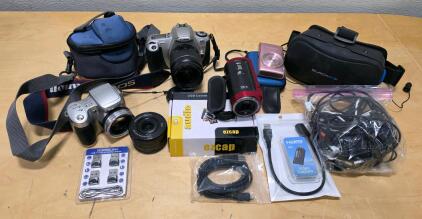 Mixed Lot: Canon EOS SLR, Sony Cyber-shot, Camcorder, VR Headset, Cables, Adapters