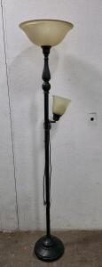 Torchiere Floor Lamp with Reading Light, Black Finish, Frosted Shades, Adjustable Arm