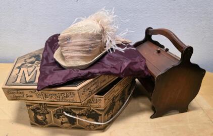 Victorian-Style Women's Hat with Feather, Mary Jean Collection Box, Wooden Sewing Box