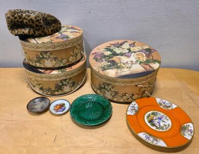 Vintage Decorative Hat Box Trio, Faux Fur Women's Hat & 4 Assorted Porcelain Plates Mixed Lot
