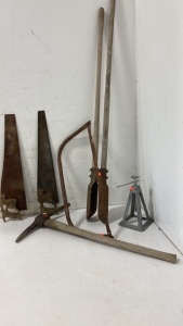 Pick Axe, Hole Digger, (3) Hand Saws & A Jack Stand