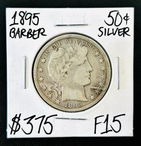 1895 Barber Half Dollar 50&cent; Silver Coin, F15 Grade, United States, 90% Silver, $375 Value