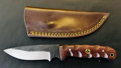 Custom Forged Fixed Blade Knife, Drop Point, Hardwood Handle, Mosaic Pin, Leather Sheath