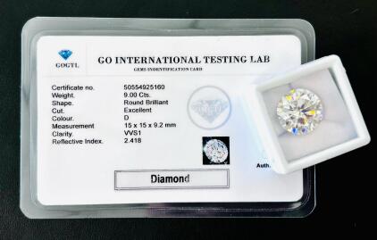 9.00 Ct D VVS1 Round Brilliant Diamond, GOGTL Certified, 15MM, Excellent Cut