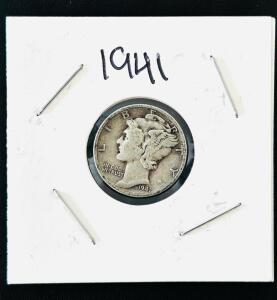 1941 Mercury Dime, 90% Silver, United States, Circulated, Winged Liberty Head, No Mint Mark