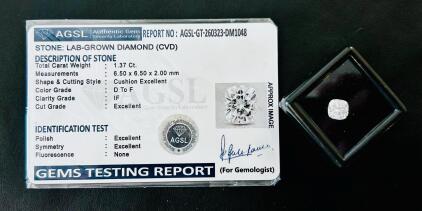 1.37 Ct. Cushion Lab-Grown Diamond, D-F Color, IF Clarity, Excellent Cut