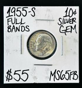 1955-S Roosevelt Dime 10&cent; Silver, MS65 Full Bands, Gem BU, San Francisco Mint