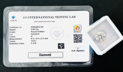 3.00Ct Round Brilliant Diamond, D Color, VVS1 Clarity, Excellent Cut, GOCTL Cert #50554925188