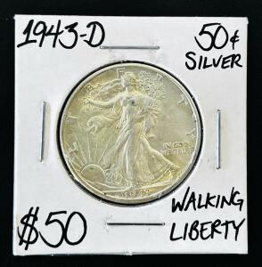 1943-D Walking Liberty Half Dollar 90% Silver, Denver Mint, 50&cent; US Coin, Uncertified