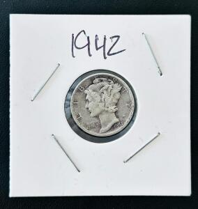 1942 Mercury Dime, 90% Silver, Circulated, Philadelphia Mint, Winged Liberty Head