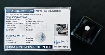 0.72 Ct Lab-Grown Diamond, Round Brilliant, D-F Color, IF Clarity, AGSL Certified