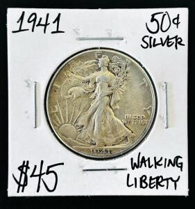 1941 Walking Liberty Half Dollar 90% Silver, U.S. 50&cent; Coin, Circulated, Cardboard Flip