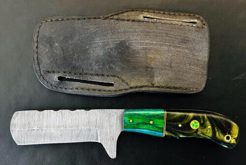 Custom Damascus Steel Utility Knife With Resin-Wood Handle And Leather Sheath