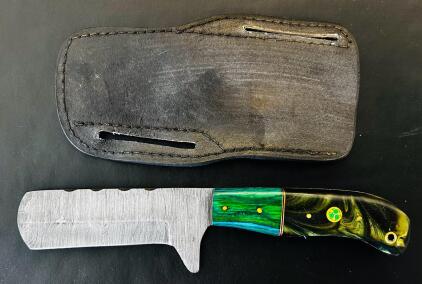 Custom Damascus Steel Utility Knife With Resin-Wood Handle And Leather Sheath