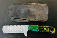 Custom Damascus Steel Utility Knife With Resin-Wood Handle And Leather Sheath