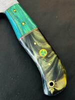 Custom Damascus Steel Utility Knife With Resin-Wood Handle And Leather Sheath - 4