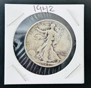 1942-S Walking Liberty Half Dollar, 90% Silver, Circulated, San Francisco Mint