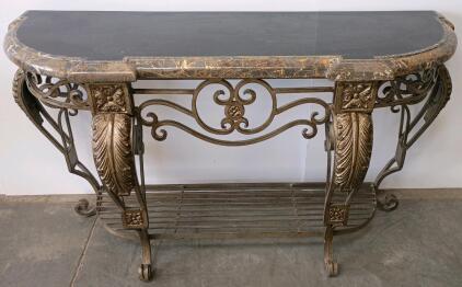 Marble Top Wrought Iron Console Table &ndash; Black/Gold, Ornate Scrollwork Design, Lower Shelf