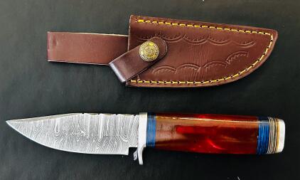 Custom Damascus Fixed Blade Knife With Resin/Wood Handle And Leather Sheath