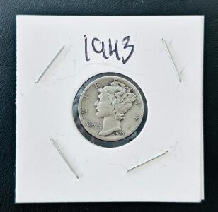 1943-D Mercury Dime, 90% Silver, Denver Mint, Circulated, 10 Cent US Coin
