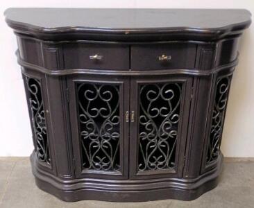 Ornate Dark Wood Credenza Sideboard Cabinet, Decorative Metal Scroll Doors, 4 Doors, 2 Drawers