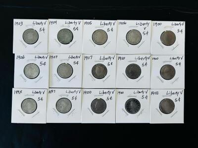Liberty V Nickel Lot &ndash; 5&cent; US Coins 1890s&ndash;1910s, 15 Pieces, Circulated, 75% Copper 25% Nickel