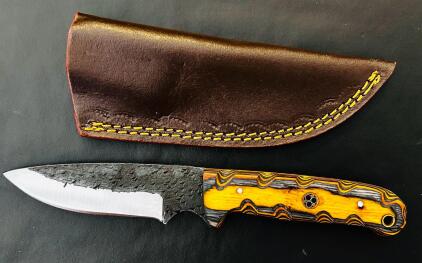 Handmade Fixed-Blade Drop-Point Knife, 4.5" Forged Blade, Multi-Color Mosaic Handle, Leather Sheath