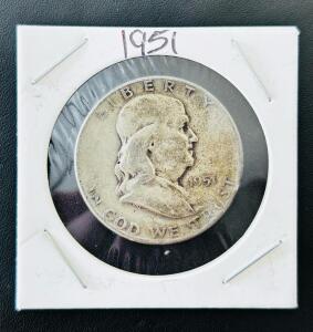 1951 Franklin Half Dollar 90% Silver US Coin, Philadelphia Mint, Heavy Circulation, Liberty Bell