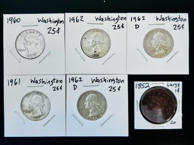 Set of 1960-1962 Silver Washington Quarters and 1852 Braided Hair Large Cent &ndash; Mixed Mints