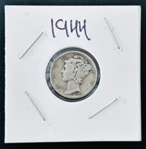 1944-S Mercury Dime, San Francisco Mint, 90% Silver, Winged Liberty Head, Circulated Grade